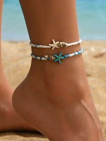 2pcs/Set Starfish & Seashell Beaded Anklet, Handmade Simple Beach Ocean Style Jewelry For Women, Suitable For Daily Wear And Vacation, Random Bead Color Arrangement