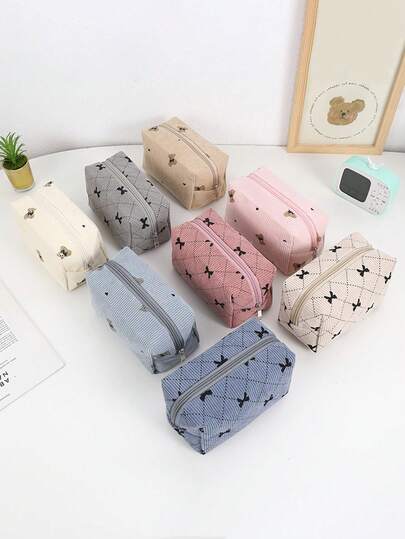 灯芯绒蝴蝶结设计铅笔盒，大容量拉链袋，带手提带，美观布艺笔袋，适用于学校和办公室用品收纳，便携式枕形文具包，适合日常使用