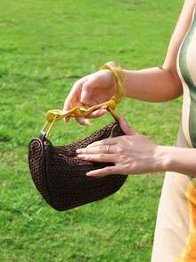 女士波西米亚风草编手提包、草编斜挎包、女士迷你夏季斜挎包、草帽钱包、时尚编织双肩带单肩包 - 彩色 - 查看 4