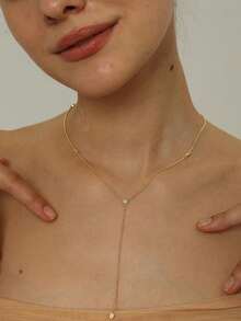 Lariat Necklace For Women, Dainty Layered Gold Long Necklaces 14k Gold Plated Beaded Bar CZ Drop Necklace Simple Gold Y Choker Necklaces For Women Gold Jewelry Gifts For Women - Vàng - Xem 2