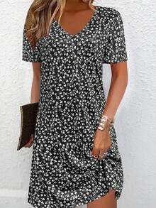 Đầm hoa nhí thanh lịch, nhẹ nhàng, thời trang, đa năng, phù hợp cho các dịp thường ngày, nghỉ mát, công sở, ở nhà, du lịch, thậm chí có thể mặc làm đồ ngủ. Được khuyên dùng cho phụ nữ cỡ lớn, màu đen, thích hợp cho mùa hè. - màu đen - Xem 2