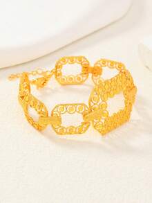 1pc Saudi Arabian Style Hollow Round Copper Gold-Plated Wide Bracelet, Best Gift For Family And Friends - Yellow Gold - View 3