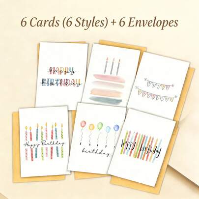 6 Juegos de tarjetas de felicitación de cumpleaños con estilo acuarela (incluidos sobres), 6 tarjetas de felicitación únicas y adorables con diseño minimalista. Decoraciones de regalo de cumpleaños perfectas para familiares, amigos, colegas y tarjetas de felicitación para fiestas de cumpleaños, perfectas para deseos de cumpleaños