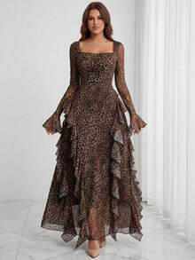 Solstice Apparel Plus Size Leopard Print Side Layered Ruffle Long Sleeve Square Neck Dress, Sheer Mesh Waist Cinched Flared Maxi Dress, Perfect For Commute, Gatherings, Parties, Dates & Dinners, Fall Winter Outfit - Brown - View 1