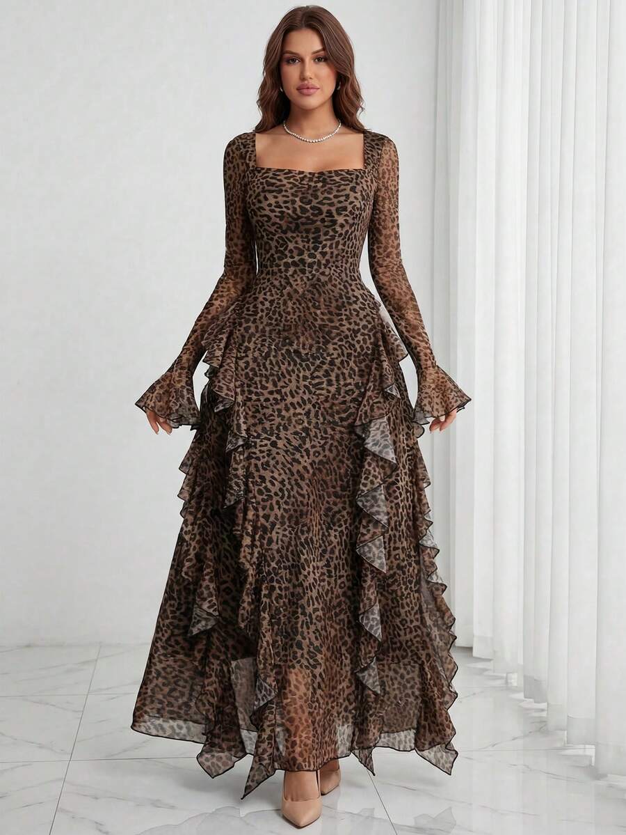 Solstice Apparel Plus Size Leopard Print Side Layered Ruffle Long Sleeve Square Neck Dress, Sheer Mesh Waist Cinched Flared Maxi Dress, Perfect For Commute, Gatherings, Parties, Dates & Dinners, Fall Winter Outfit - Brown - View 1