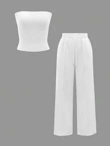 Vaiaye 两件套秋季套装，修身性感露肩短款上衣和弹力纯色修身瑜伽抹胸上衣，春夏裤装套装（白色） - 白色 - 查看 3