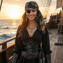 女士海盗服装套装，包括海盗头巾、腰带、项链、耳环、眼罩，万圣节嘉年华角色扮演服装配饰套装 - 彩色 - 查看 9