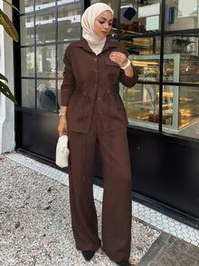 Livesso Spring & Summer Cinched Waist Knot Crisscross Casual & Work Outfit, Brown Top & Straight Leg Pants Set, Elegant Office & Commute Attire Business Casual Woman - Brown - View 1