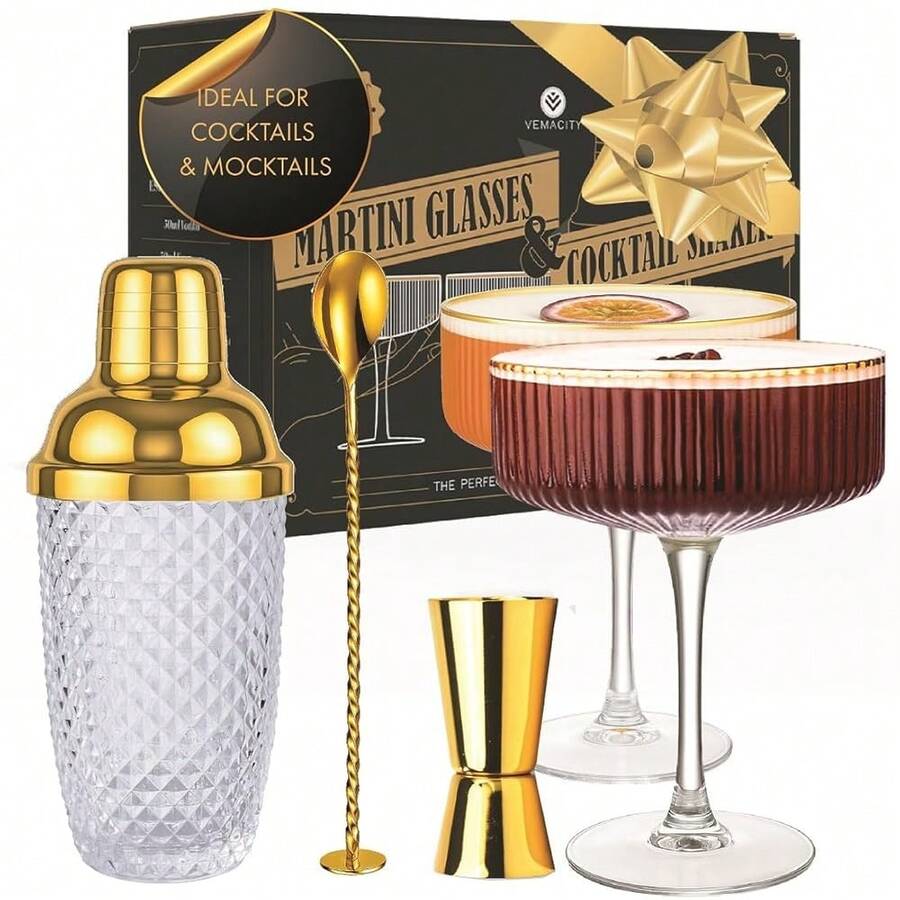- Luxury Gold Cocktail Shaker Set - 15oz Glass Shaker With Strainer + 2 Gold-Rim Ribbed Martini Glasses (10oz) & Bar Tools | Espresso Martini Glasses | Ideal For Home Bartenders - GoldCocktailShaker+RibbedCoupeGlasses - View 1