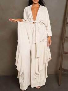 GLOURI Women's Cream Two-Piece Loungewear Set - Open Front Tie-Waist Kimono & Wide-Leg Ruffled Pants | Relaxed Effortless Fit For Beach Vacation, Casual Hangouts & At-Home Lounging (Flowy Ruffled Silhouette & Minimalist Neutral Design) - 米白色 - 查看 2