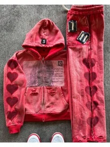 Hip-Hop Millennium Popular Modern High Street Design Sense Love Print Men's And Women's Same Sweatshirt Cardigan Jacket - Quần đỏ - Xem 5