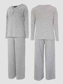 ChicMe 2pcs Women Cotton Ribbed V-Neck Long Sleeve Sweater + Elastic Waist Straight Pants, Daily Fashion Outfit - Light Grey - View 6