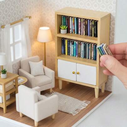 Juego de miniestantería de madera a escala 1:12 - Incluye 50 minilibros, pieza de decoración de artesanía de madera exquisita adecuada para varias escenas, delicado regalo artesanal, miniestantería para aliviar el estrés