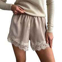 Boho Women's Lace Trim Satin Silk Shorts Shiny Elastic Waist Mini Shorts Pettipants Half Slip Shorts French Knickers Boyshorts For Dresses Full Coverage Underwear Lounge Pants - 藕粉色 - 查看 9