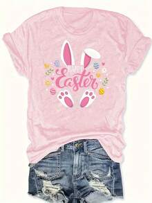 Easter T-Shirt Egg Flower Bunny Ears Bunny Feet Caster Letter Print Plus Size Round Neck - Hồng - Xem 6