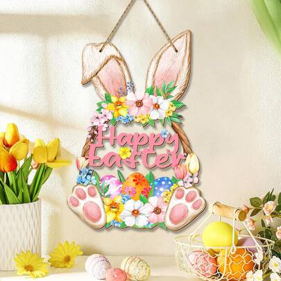 1个复活节兔子欢迎门牌，复活节快乐木质挂饰，春季兔子彩色彩蛋墙饰，乡村农舍风格前门派对挂饰，适用于家居户外花园