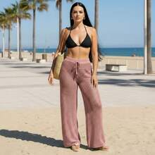 Knitted Beach Cover-Up Pants With Adjustable Waist, Pool Sarong - 深玫瑰 - 查看 1