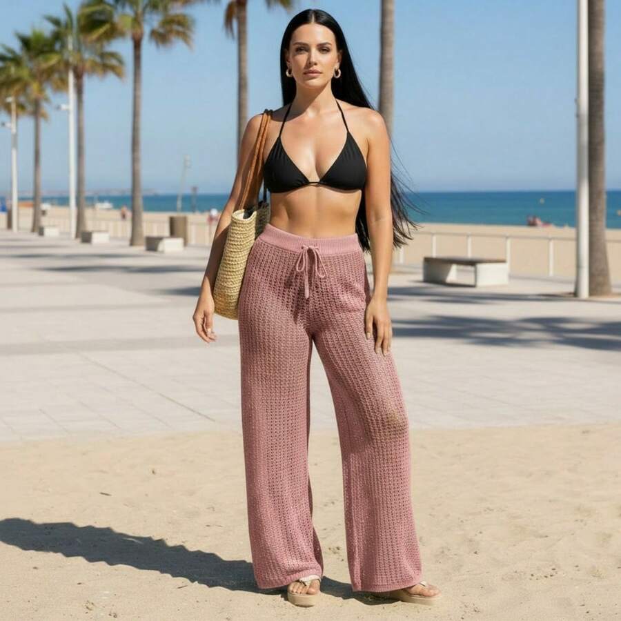 Knitted Beach Cover-Up Pants With Adjustable Waist, Pool Sarong - 深玫瑰 - 查看 1