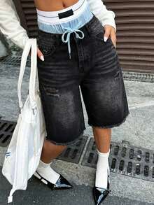 Women's Non Stretch Denim Wide Leg Shorts In Casual Black, With Pockets And Zippers - Black - View 3