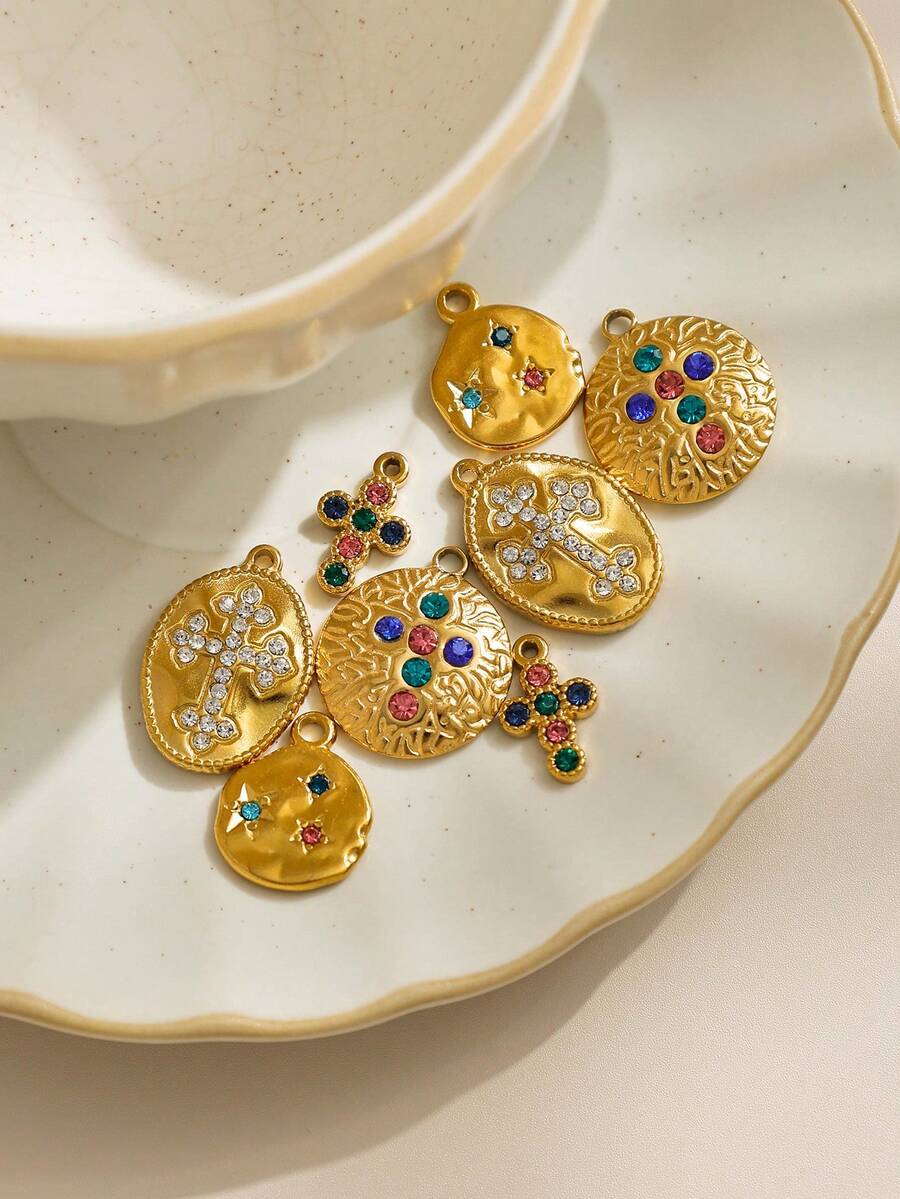 1pc/Pack Stainless Steel Rhinestone Cross Shaped Accessory, Design - Gold - View 1