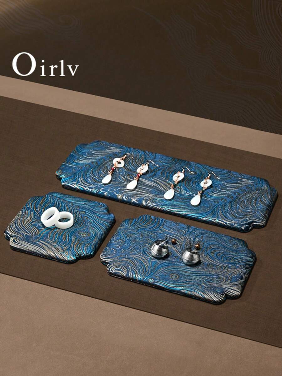 Oirlv 1pc Chinese Style Jewelry Display Tray, Silk Fabric Pad For Jade, Gemstone, Earrings, Necklaces, Rings, Bracelets, Jewelry Stand, Ramadan Supplies - Peacock Blue - View 1