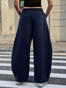 Women's Long Wide Leg Sweatpants, Snake Skin Knit Fabric With Rhinestones, Ladies Casual Pants - Navy Blue - View 3