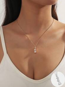1pc Minimalist Teardrop Cubic Zirconia Pendant Necklace, Suitable For Gifting And Daily Wear - Multicolor - View 2