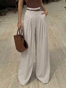 ANCHOSE Women's High Waist Pleated Wide Leg Casual Pants, Lightweight, Suitable For Vacation, Daily Wear, Commuting, Minimalist Style, Spring/Summer - American Apricot - View 5