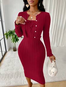 AIJ Amarilo 罗纹针织两件套，女士春夏蝴蝶结修身中长连衣裙和长袖纽扣短款开衫套装，休闲日常约会装 - 棗紅色 - 查看 4