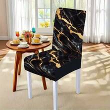 1/4/5/6/7/36pcs Minimalist Black & Gold Marble Pattern Chair Cover/Seat Cushion Set, Suitable For Indoor Home, Dining Room, Hotel, Ideal For Modern Daily Decor. Tablecloth Fits Square Dining Table, Elastic Chair Covers Are Washable. - Multicolor - View 3
