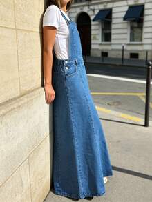 Women's Non-Stretchy Solid Denim Maxi Dress - Elastic Waist Button-Strap Functional Pockets Loose Comfort Daily Casual Dress - 中等水洗藍 - 查看 5