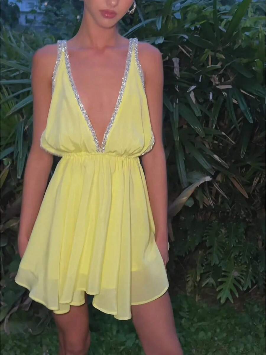 Women's Y2K Rhinestone Trim Mini Dress Deep V Neck Backless Sleeveless Going Out Party Date Night Out Cocktail Dress - Yellow - View 1
