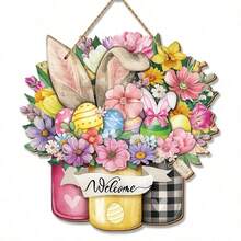 1pc Happy Easter Door Sign Easter Bunny Egg Wooden Door Decor Floral Spring Hanging Door Sign Bunny Rabbit Sign For Easter Spring Party Indoor Outdoor Home Decorations - Multicolor - View 7
