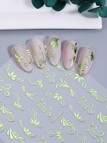 3片绿色金属藤蔓美甲贴纸，春绿色藤蔓花朵自粘美甲贴花，DIY美甲沙龙装饰配件，适合春夏美甲 - 綠色 - 查看 6