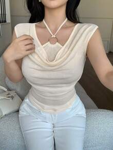 abyoxi 女士米色/杏色金属环扣吊带衬衫，三种穿法（露肩/垂领/不对称领），褶皱腰身修身款，时尚休闲性感，适合办公室、日常、约会、情人节等场合，弹力雪纺面料，春夏款 - 米色 - 查看 5