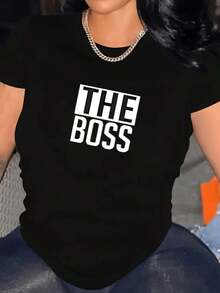 Women's Men's 1pcs  100% Pure Cotton Slim Fit Short Sleeve T-Shirt Black And White Color Block "THE BOSS" Print Suitable For Workplace Commuting, B... - 黑色 - 查看 12