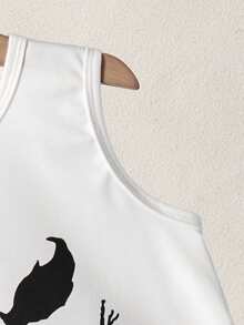 Young Boy Casual White Dark Face Print Tank Top + Black Shorts Set, Children's Summer Daily Street Style Outfit - White - View 5