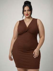Elegant Plus Size Dress With V-Neck And Sleeveless - Rust Brown - View 1