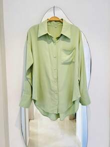 Women's Dress Shirt With Buttons, Long Sleeves - verde menta - Ver 1
