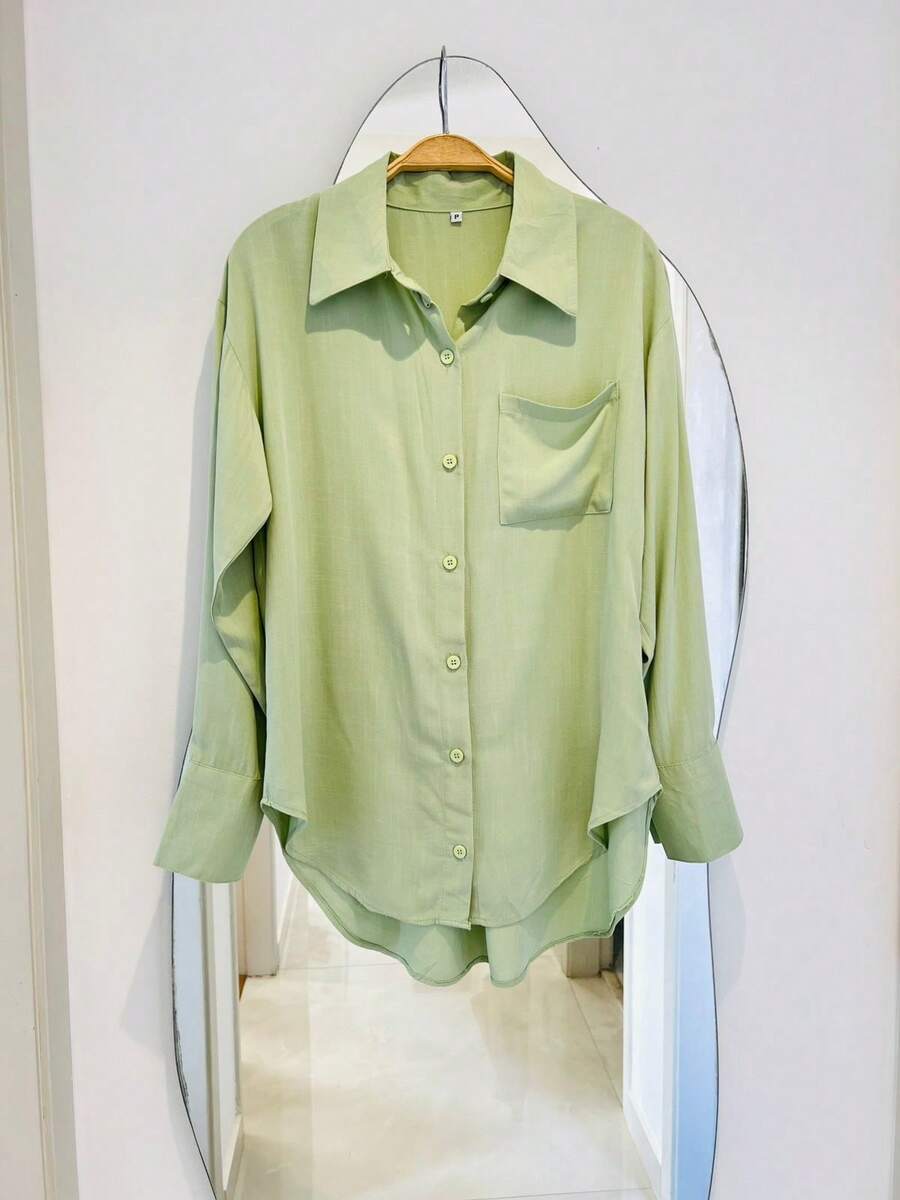 Women's Dress Shirt With Buttons, Long Sleeves - verde menta - Ver 1
