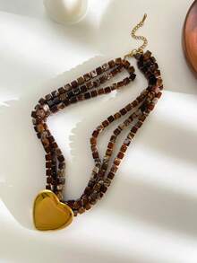 1件不锈钢不对称心形棕色方形串珠多层项链，18K镀金防水时尚百搭女士项链 - 項鍊 - 查看 6