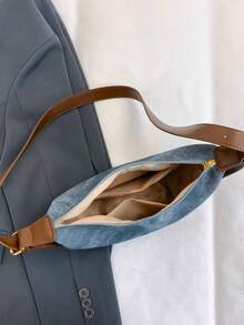 حقيبة جلدية للنساء على شكل كعكة, حقيبة كتف جلد اصطناعي بلون أحادي, قابلة للتعديل للتنقل اليومي - الأزرق - مشاهدة 11