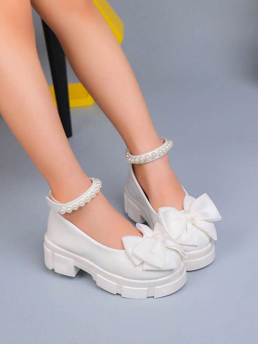 1 par de botas de cuero blancas para niñas con lazo y decoración de perlas, zapatos de princesa simples y dulces, suela blanda y cómoda plana, zapatos de estudiante, zapatos de tacón grueso y cómodo para niñas, adecuados para uso al aire libre, fiestas y ocasiones formales - Blanco - Ver 1