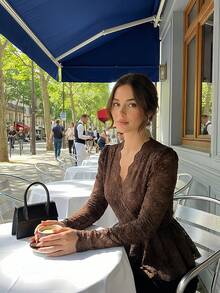 V-Neck Waist Design Fitted Lace Blouse, Elegant French Style, Flattering And Versatile - Coffee Brown - View 5