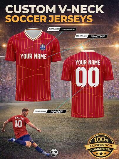 2026 New Men's Soccer Jersey, Customizable With Name, Number, Logo, Sponsor, V-Neck Short Sleeve Shirt, Match Football Uniform, Sports Training Tee, Moisture-Wicking Breathable Fabric, Suitable For Team Match, Training, Sports, Casual Wear, Cheering, Holiday Gift, Spring/Summer Soccer Season, Fashionable