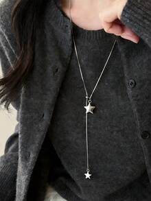 可调节星形流苏长项链，简约优雅女士毛衣链 - 銀色 - 查看 4