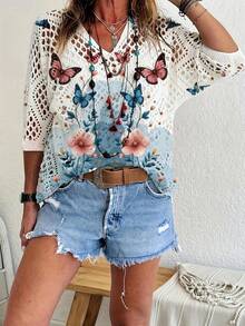 Women's Casual Vacation Floral & Butterfly Print V-Neck Open Knit Top, Spring/Summer/Autumn White - White - View 2