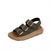 1双可调节绑带露趾儿童凉鞋，轻便防滑，休闲沙滩凉鞋，男女童均适用，夏季款 - 軍綠色 - 查看 5