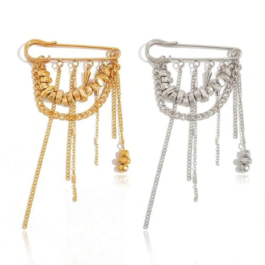 Brooch Set For Women Gold And Silver Tassel Lapel Pin Layered Chain Ty Pin Design Fashion Brooch For Blazer Coat Suit Jacket Shawl Pin Elegant Jewelry Gift Set - 金銀兩件式胸針 - 查看 1