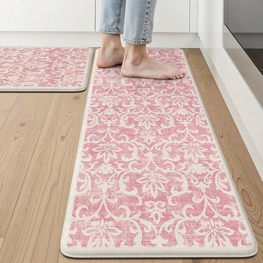LEEVAN Pink Kitchen Mat Sets Of 2, Vintage Distressed Anti Fatigue Memory Foam Kitchen Floor Mat For Laundry,Non Slip Cushioned Standing Mat For Home, Office, Desk,Sink(17''x29''+17''x47'') - Pink - View 1
